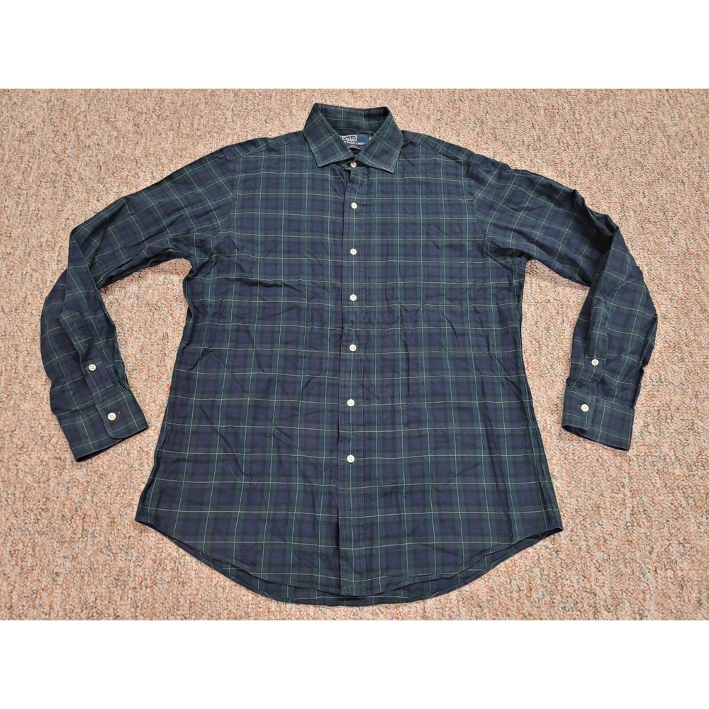 Polo Ralph Lauren Shirt Mens Large Regent Custom Fit Green Tartan Plaid Cotton